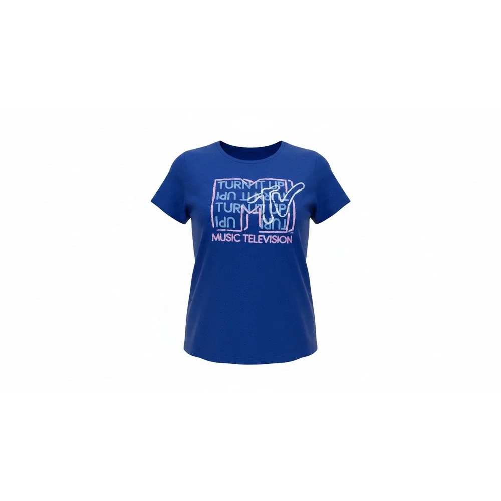 MTV Graphic T-Shirt Juniors Large L Blue Turn It Up Music Television Logo